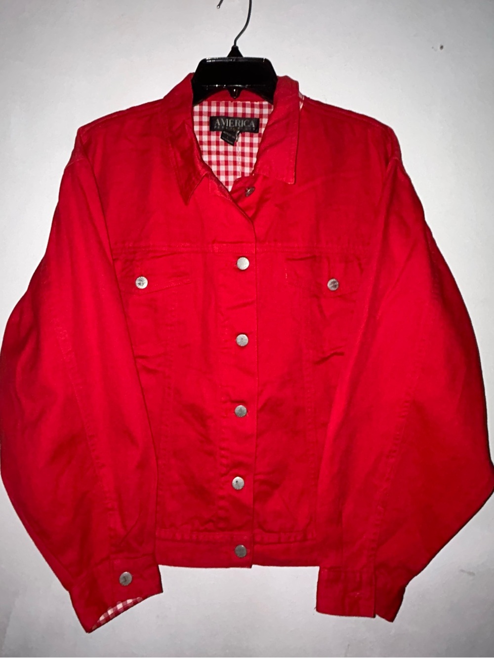 America Perry Ellis Denim Jacket Women Large Red Cotton Button Up Casual NWT